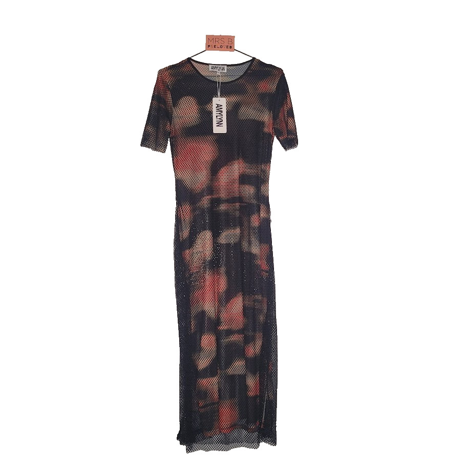 Amylynn Dress M/L NEW Black Rhinestone Embellished Abstract Mesh Midi RRP £145