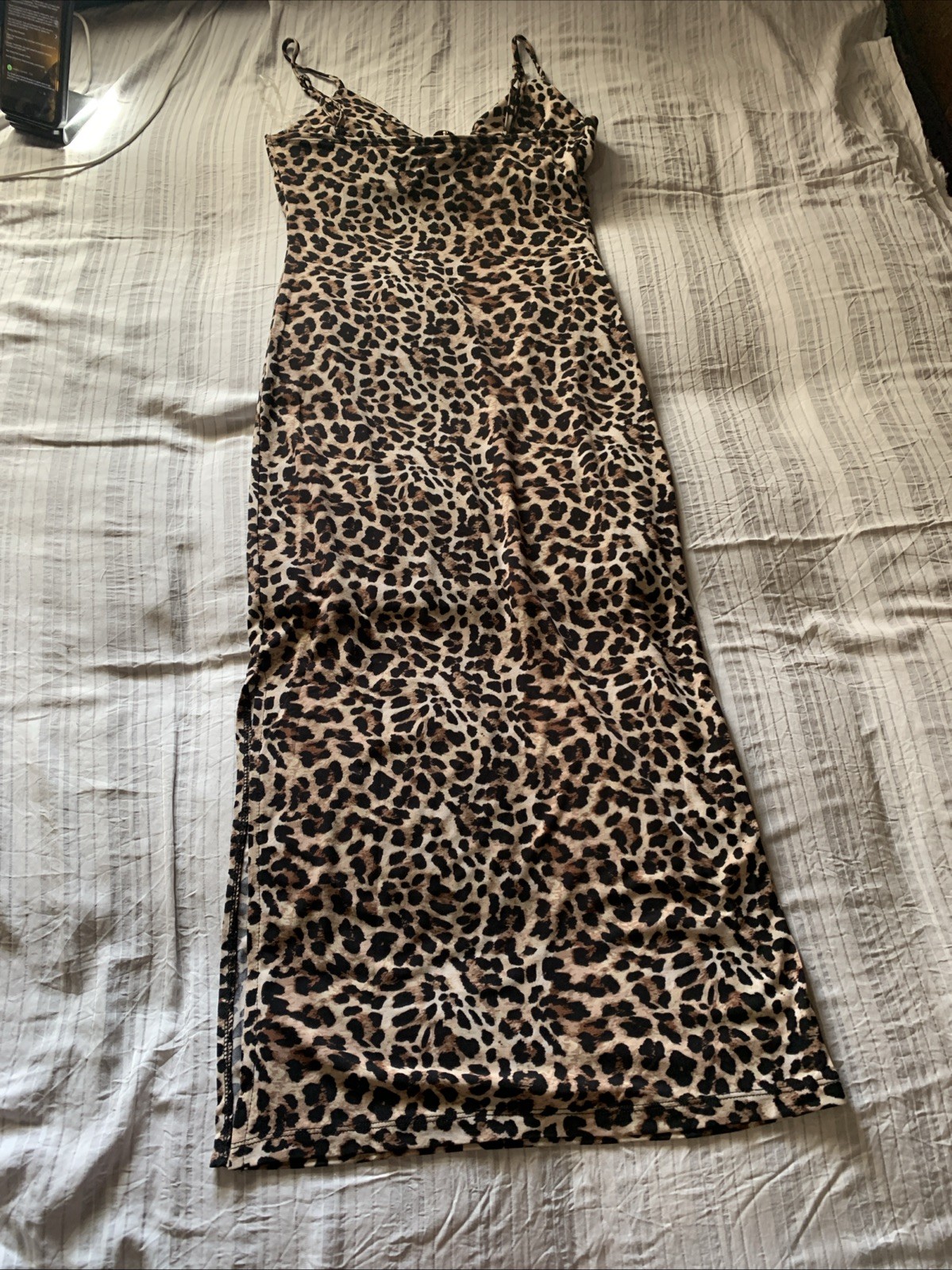 New NO COMMENT Medium Animal Print Stretch Lined Dress Side Slit CUTE gold