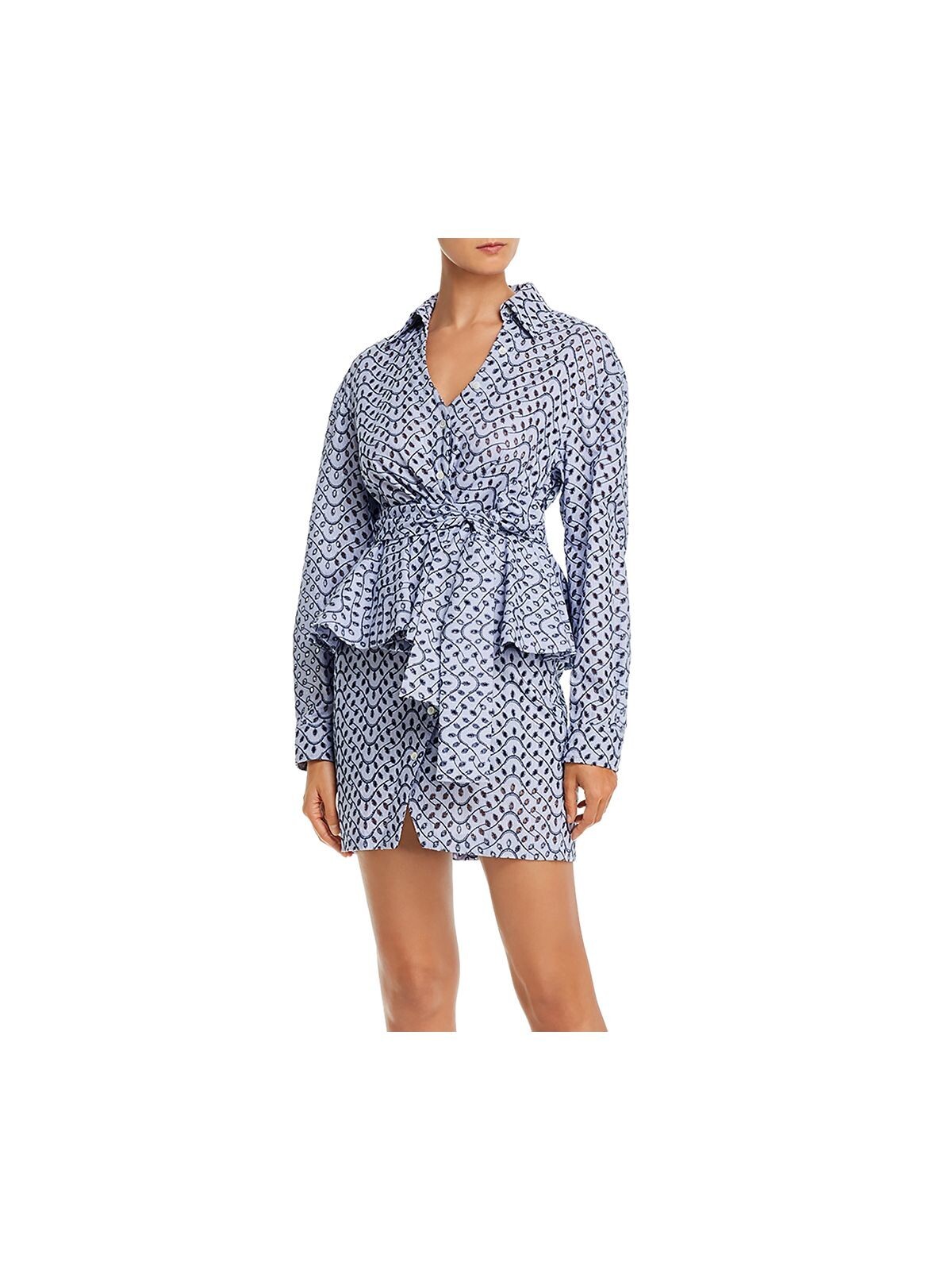 DEREK LAM 10 CROSBY Womens Blue Tie Button Cuffed Sleeve Mini Peplum Dress 4