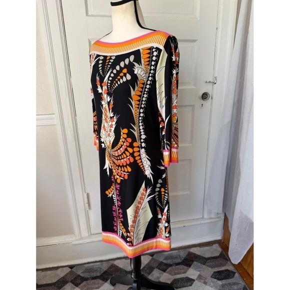 Ali Ro Boatneck Shift Dress Y2K Anthropologie 3/4 Sleeve Colorful Abstract Mod 8