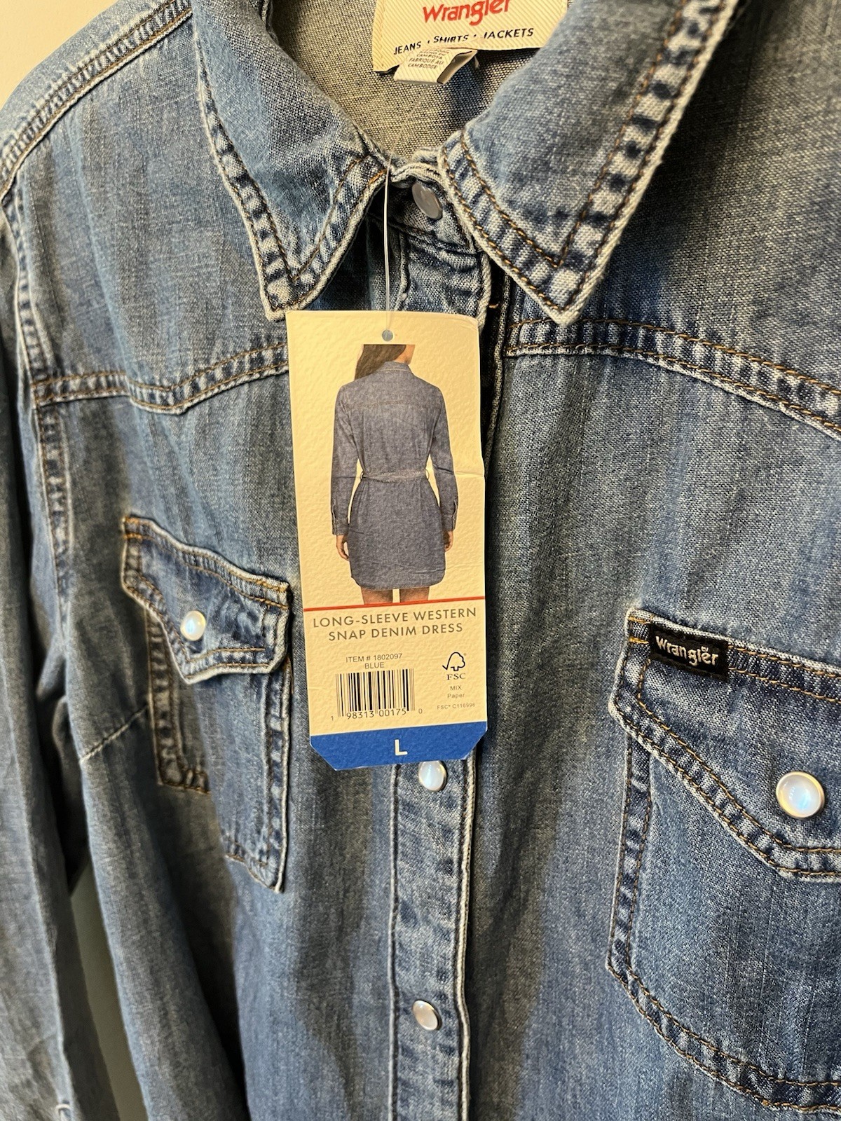 NWT Wrangler Long Sleeve Western Pearl Snap Denim Dress Women’s Size Large