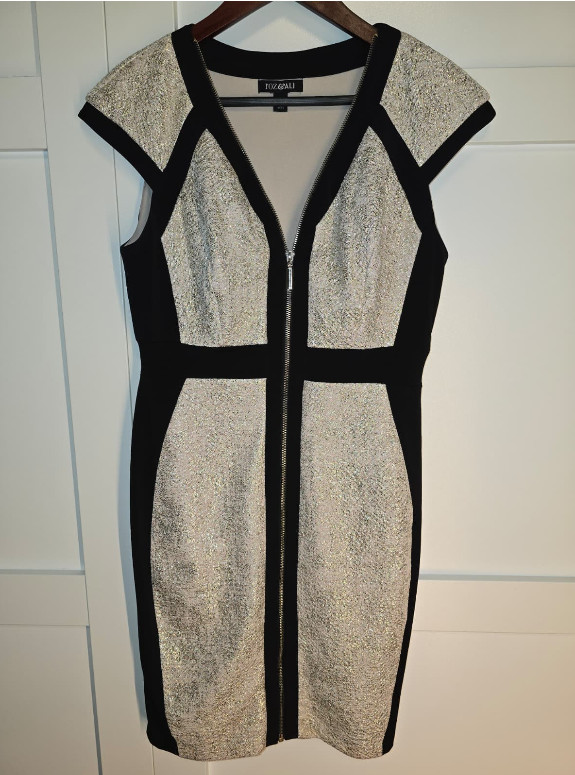 TOZ & ALI Womens 8 Petite Metallic Sheath Dress Black Gold Exposed Zip