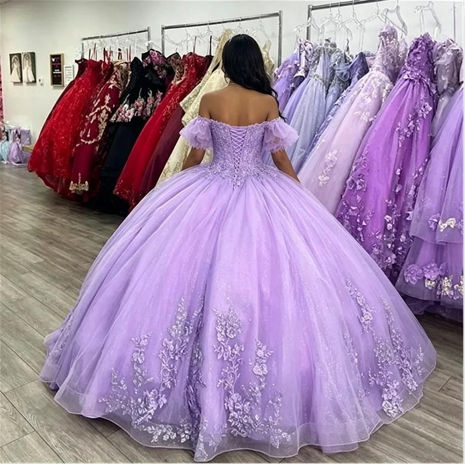 Purple Beaded Applique Off Shoulder Quinceanera Dress Sheer Lace Up Ball Gown