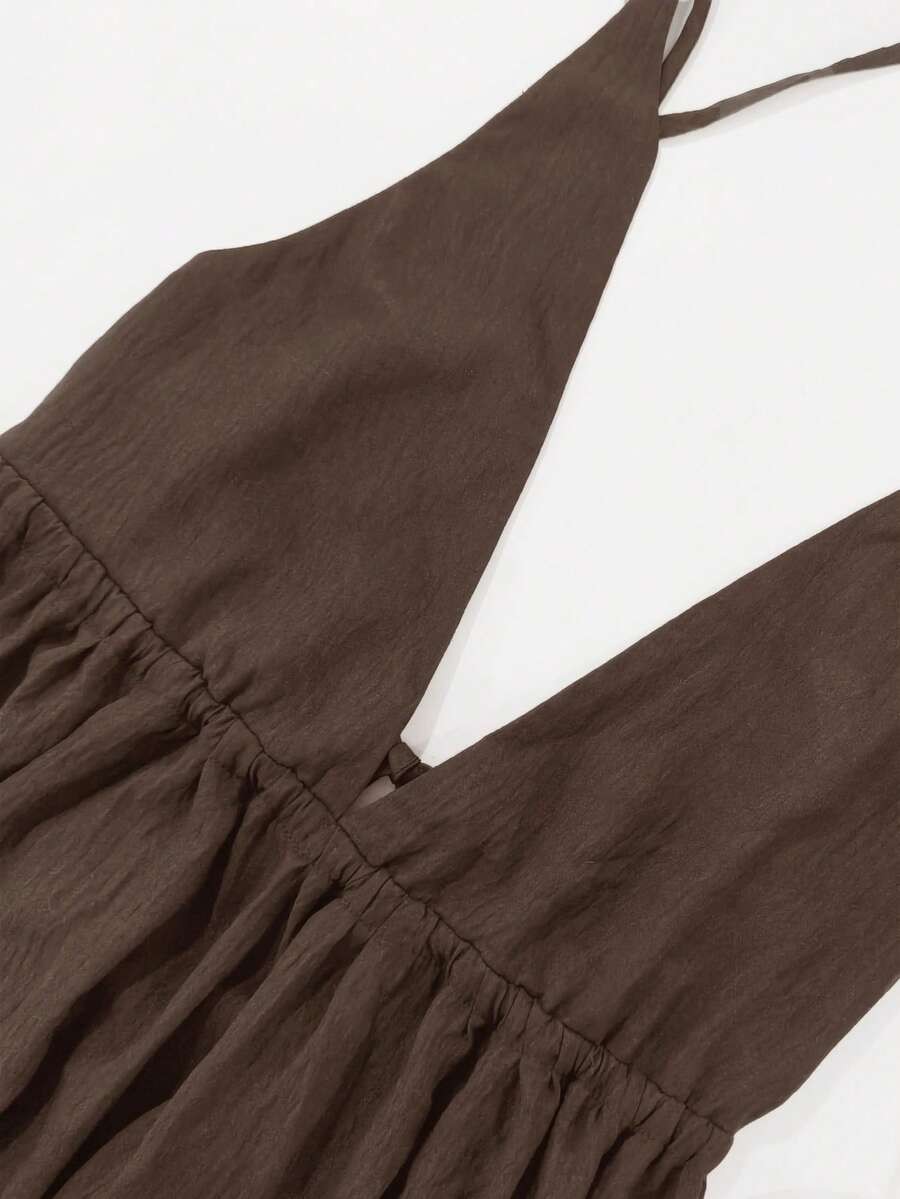 Spaghetti Strap Dress Side Pockets Backless Slit Hem Casual Cami Maxi Long