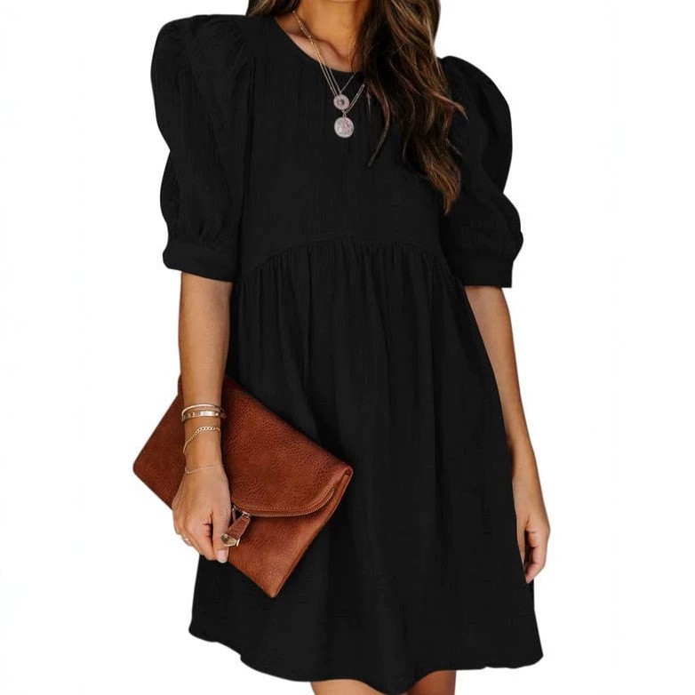 Fashionable Round-neck Three-quarter-sleeve A-line Solid-color Maxi Dress