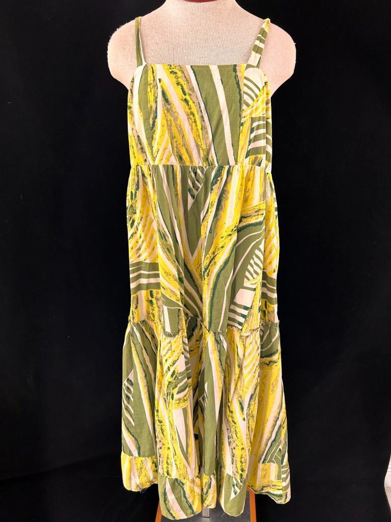 Du Jour size M L sundress sleeveless elastic back maxi cotton ruffle green yello