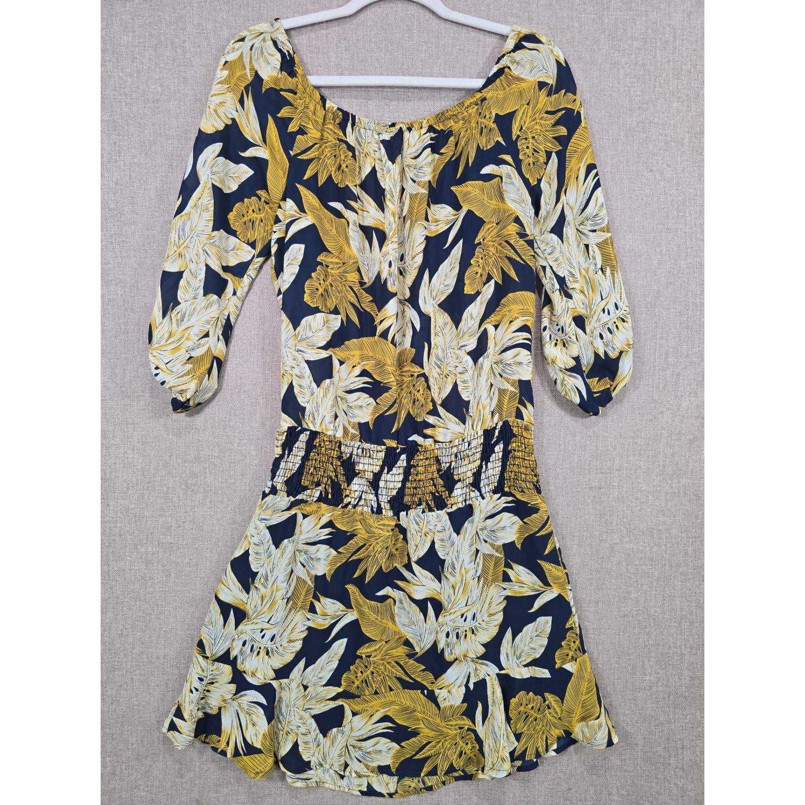 Veronica M Tropical Palm Leaf Smocked Drop Waist Mini Dress Navy Yellow Medium