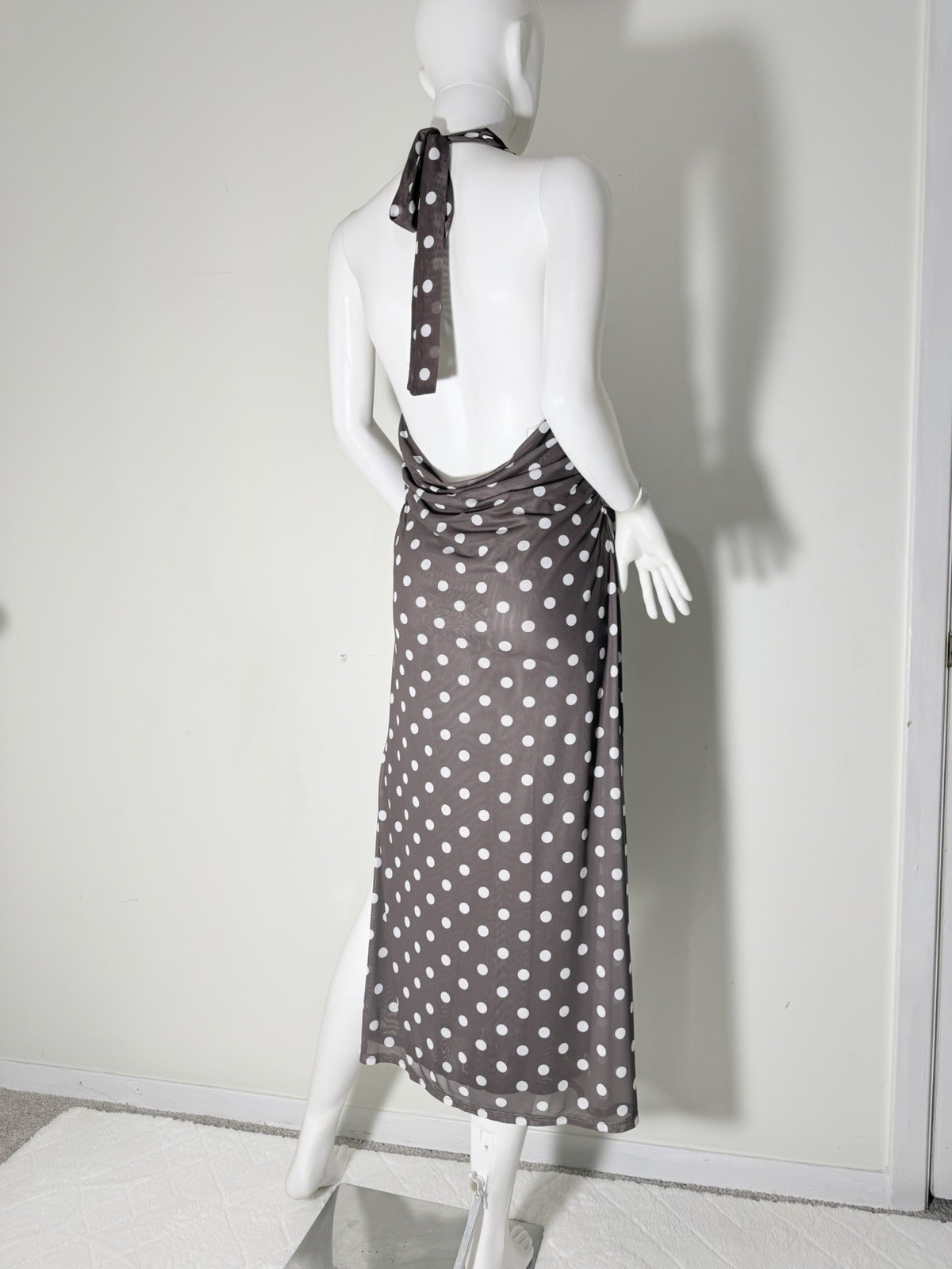 Caroline Constas Brown White Polka Dot Halter Backless Slit Mesh Midi Dress L