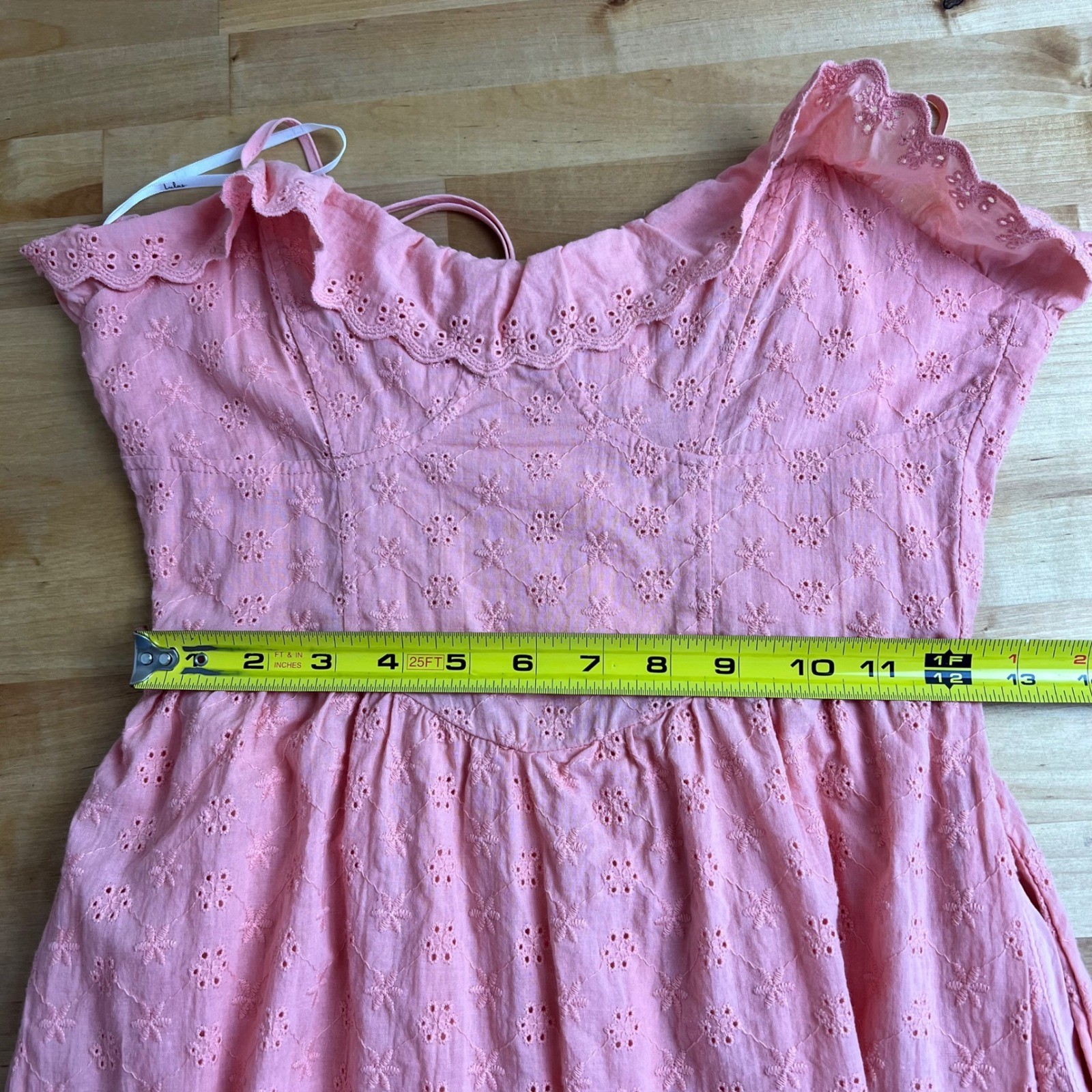 Lulus Peach Pink Eyelet Cotton Midi Dress Ruffle Sweetheart Bustier Pockets S