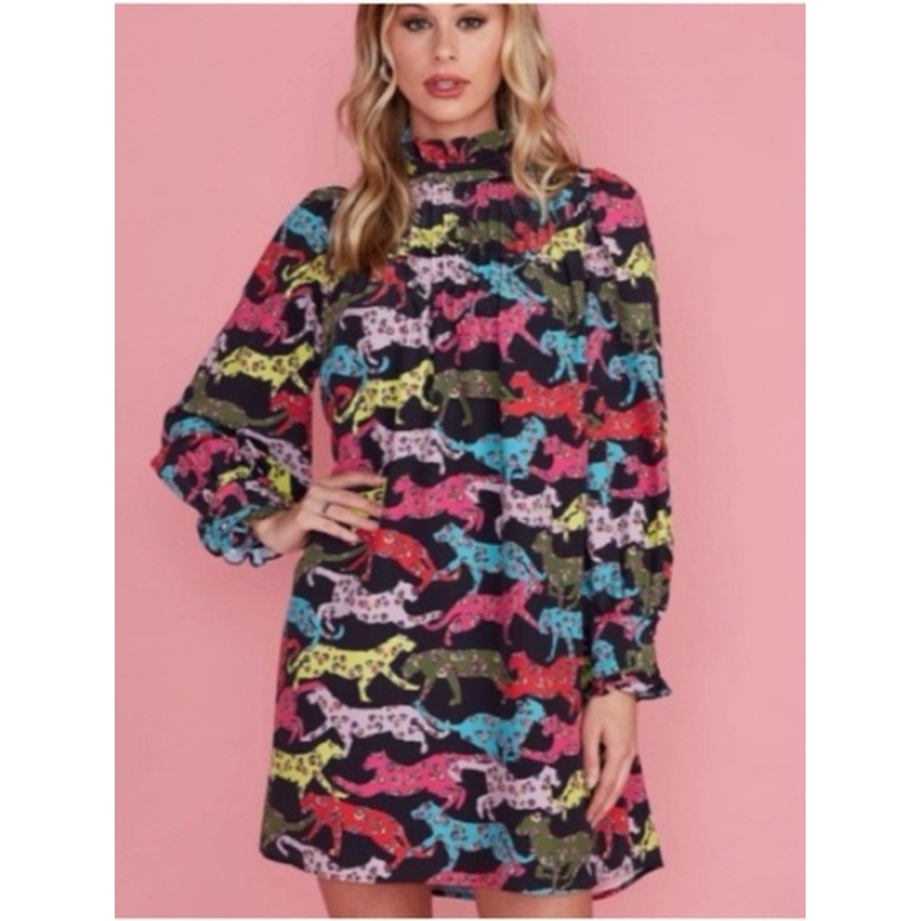 CROSBY by Mollie Burch Multicolor (black, teal, pink, red) Leopard Print Dress