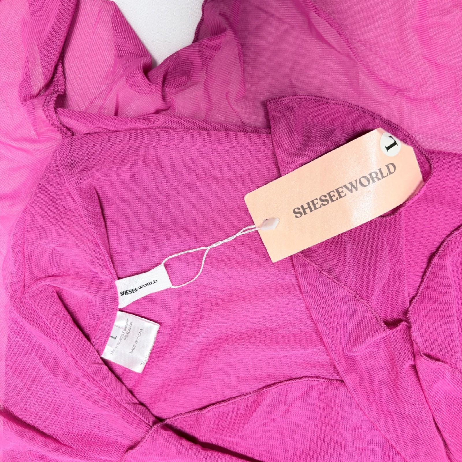 Sheseeworld Fuchsia Pink Ruched Mesh High Low Ruffle Bodycon Dress Large NEW