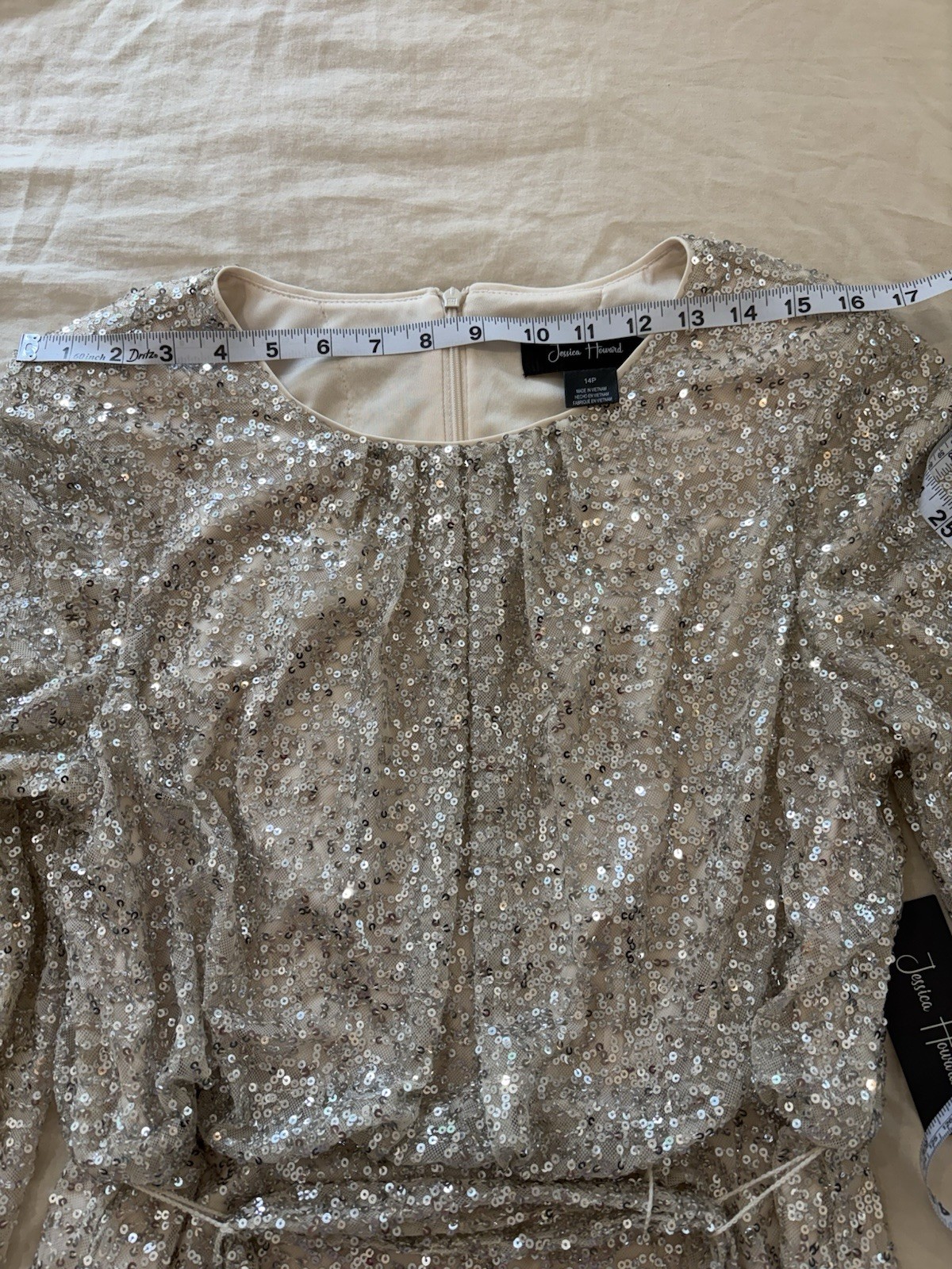 Jessica Howard Gold Sequin Sheath Dress Balloon Long Sleeve Round Neck 14P