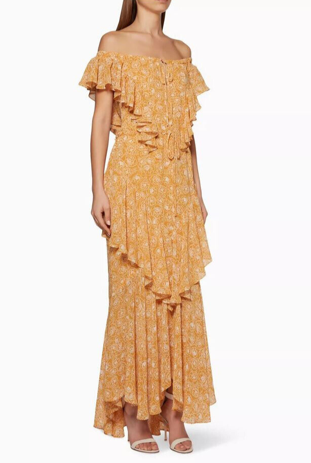 SHONA JOY Saffron & White Siena Frill Maxi Dress Size 4 US | US SELLER