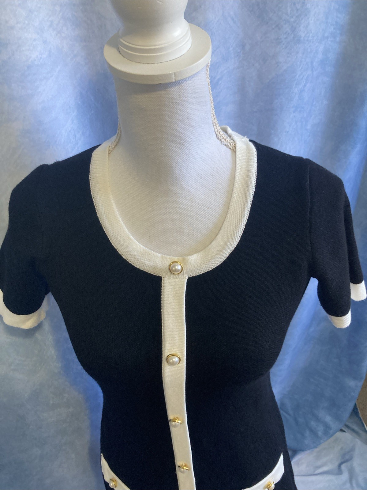 Taylor Black Knit Button Front Mini Dress Cream Contrast Trim Gold Detail Small