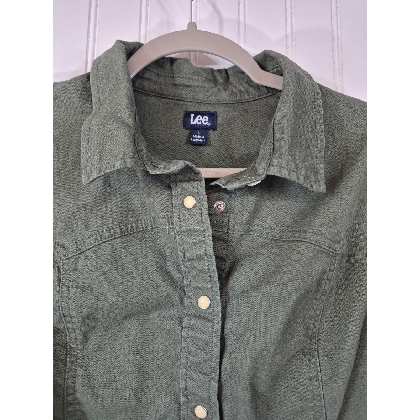 Lee Olive Green Western Pearl Snap Front Utility Shirt Dress Long Sleeve Large