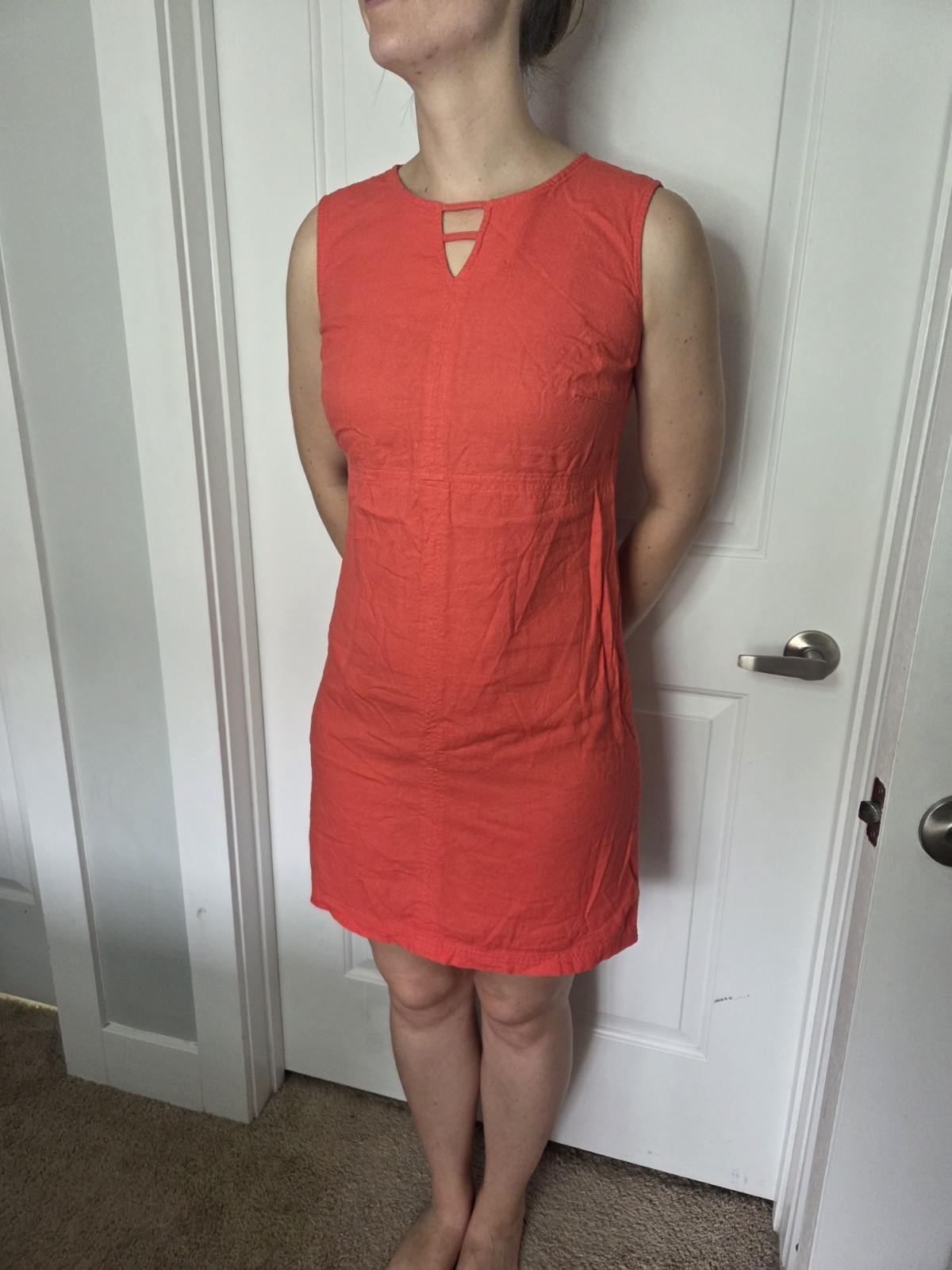 White Stag Women’s Orange Solid Shift Dress Sleeveless Round Neck Knee S Linen