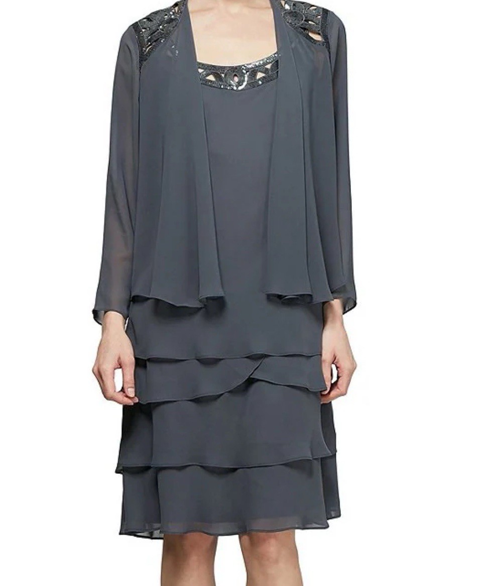 Chiffon Dress Suit in Grey 2pc Sz 16 Sleeveless Dress and Flowy Jacket NWT