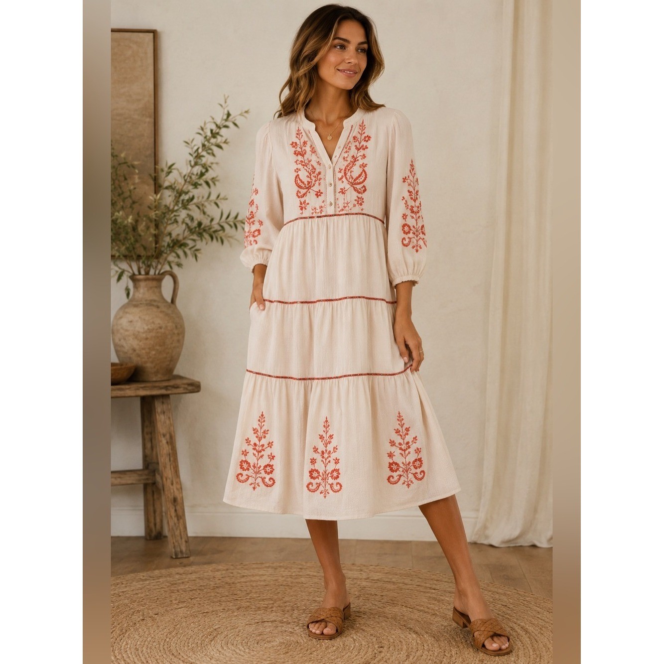 Fig + Flower Embroidered Midi Dress Medium Boho Tiered Prairie Cottagecore Dress