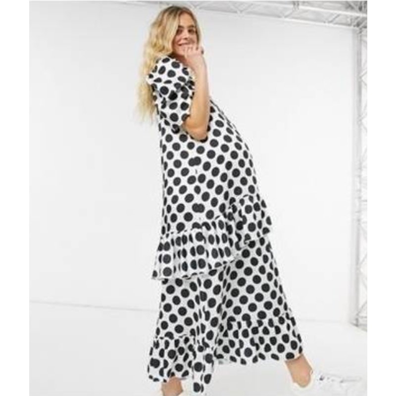 Blume Studio Maternity US 6 White Black Polka Dot Satin Tiered Ruffle Maxi Dress