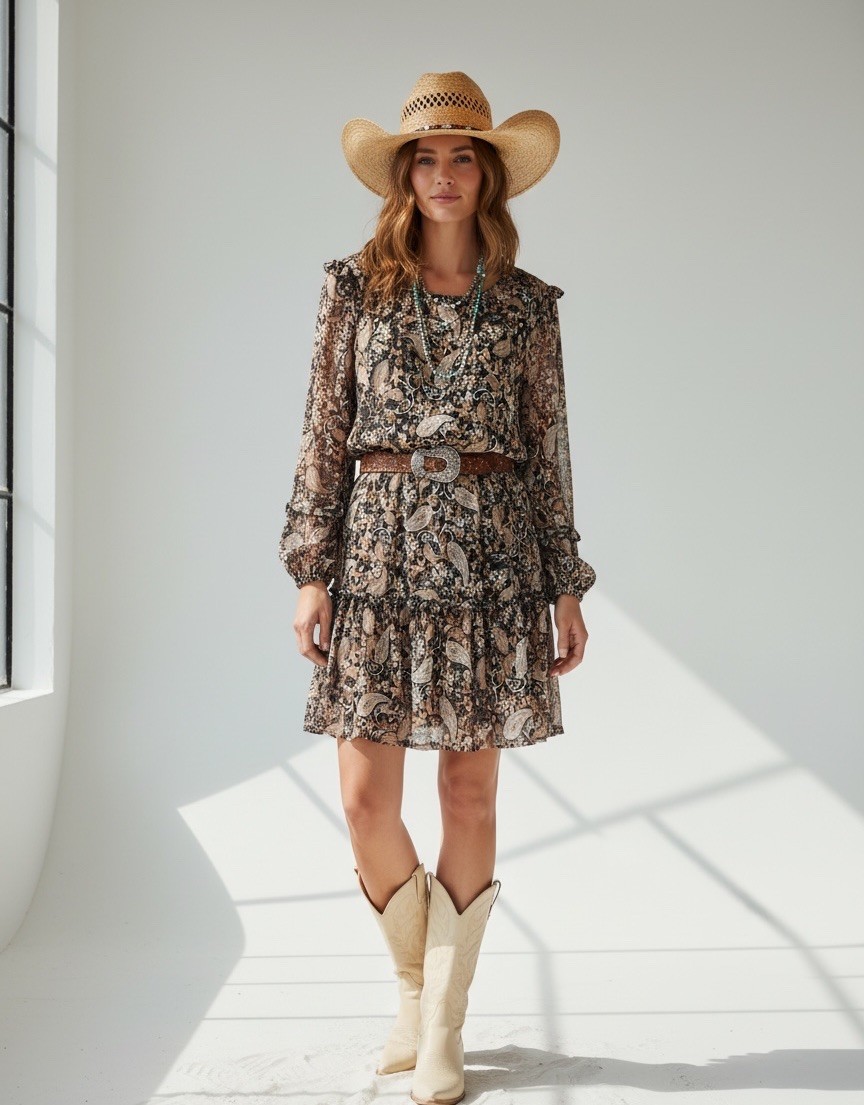 Boho Western Prairie Paisley Gold Foil Mesh Shift Dress Harper 241 Women’s M