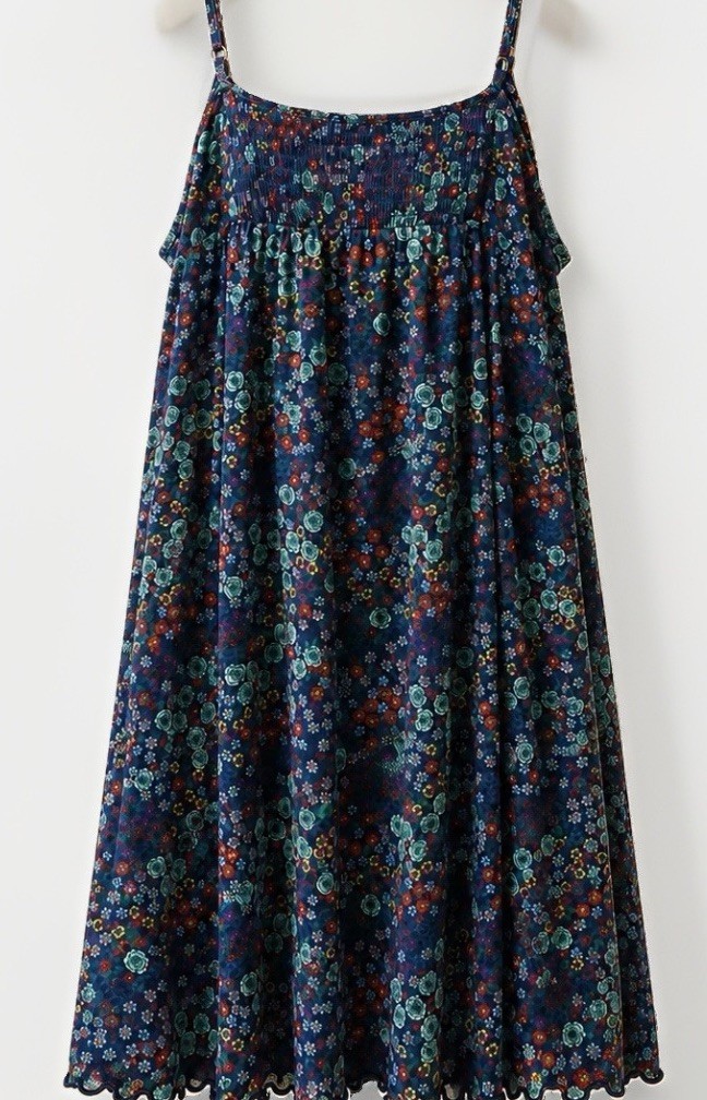 Floral Carol Casual Cute Slip Dress Navy Blue Midi Spaghetti Strap Women’s (L)