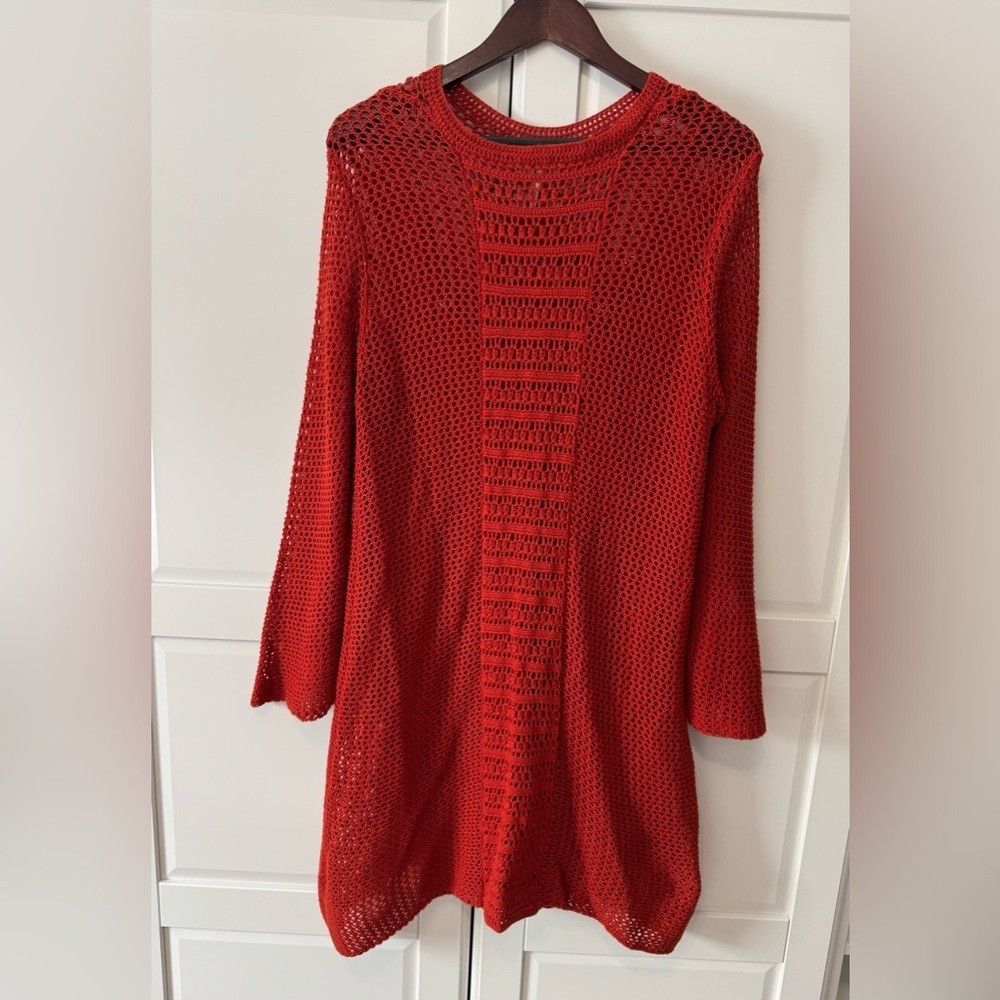 Free People Rosalind Burnt Orange Crochet Long Bell Sleeve Dress NWOT Large