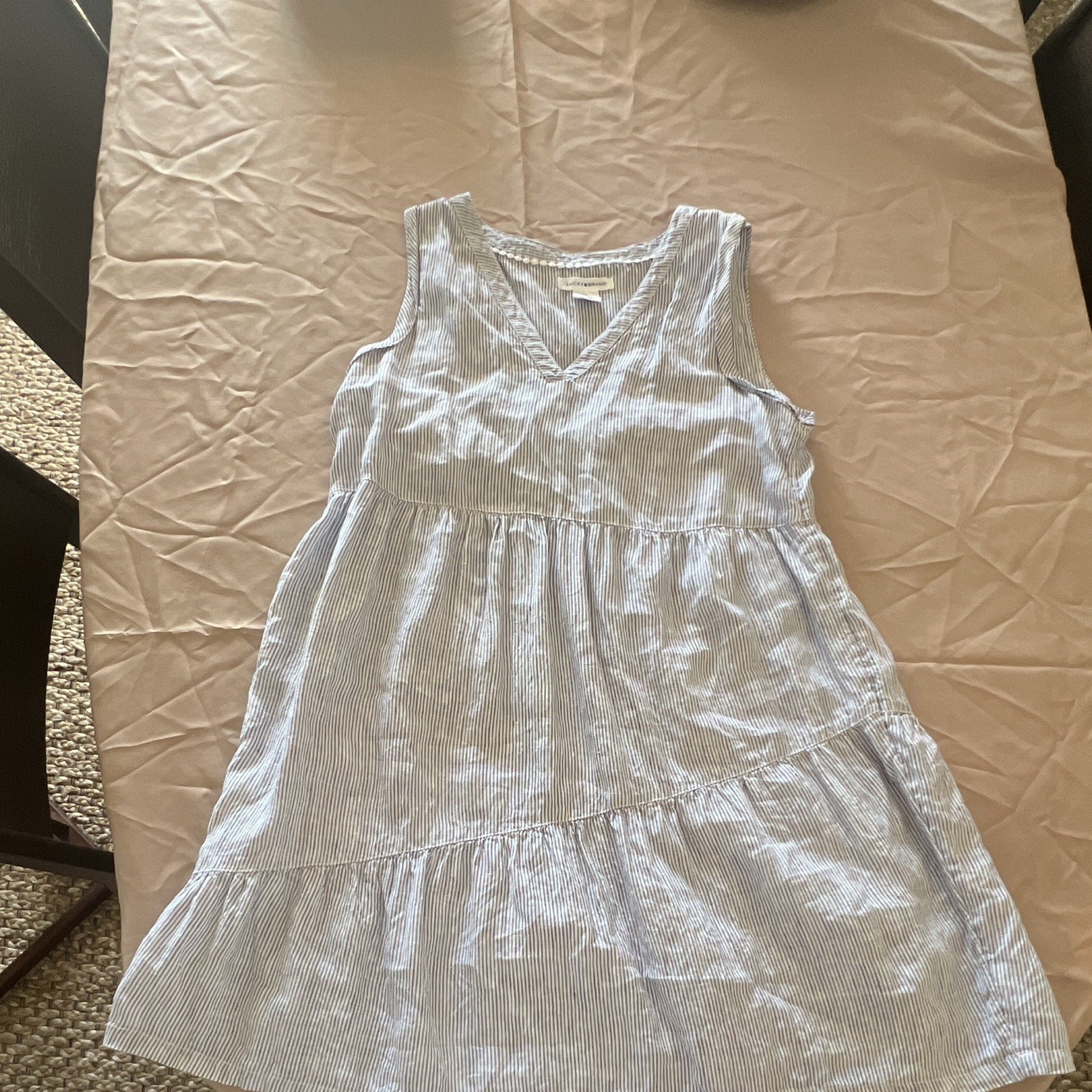Lucky Brand Blue/White Striped Linen V-Neck Sleeveless Tiered Sundress L