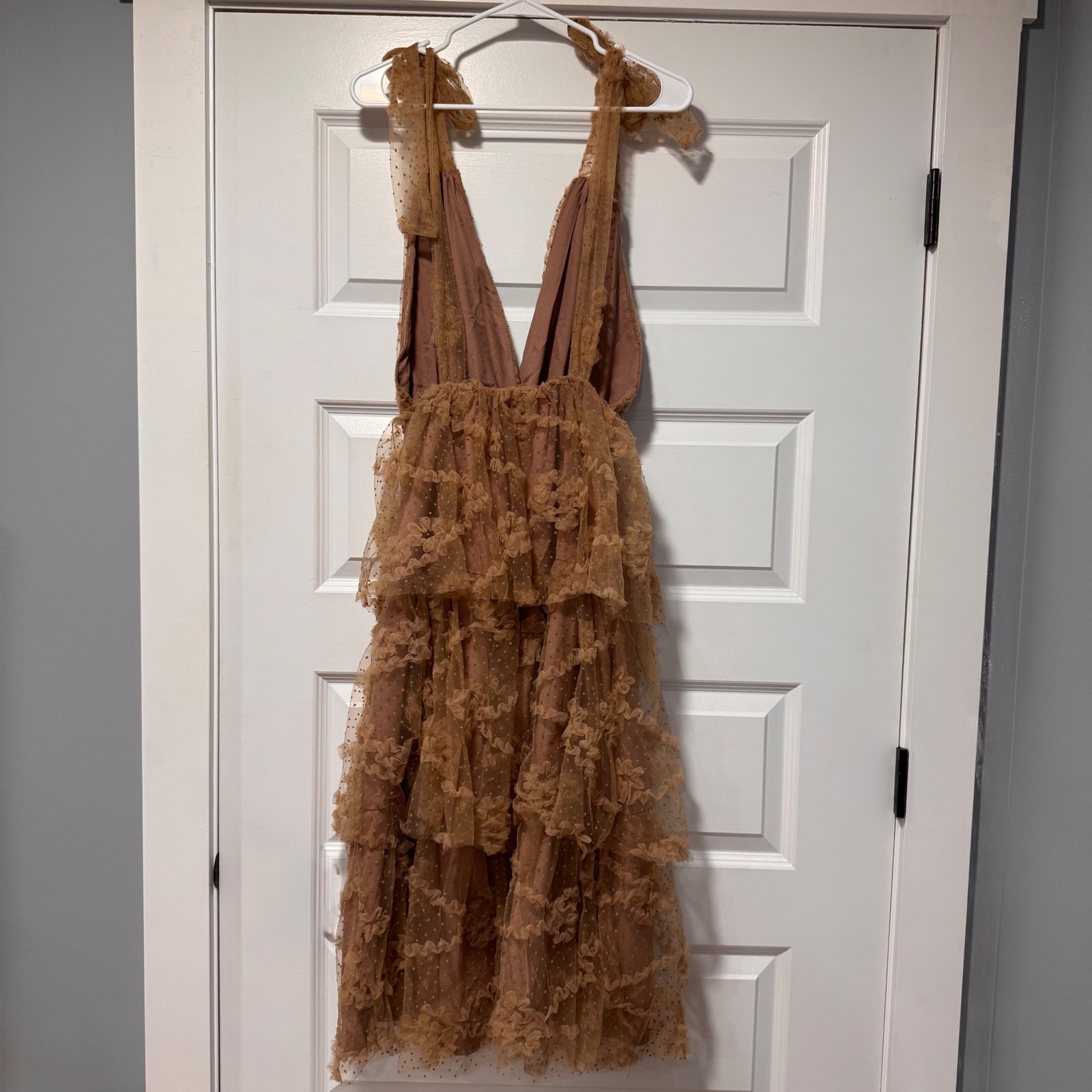Just Me Tan Tulle Swiss Dot Tiered Ruffle Midi Dress