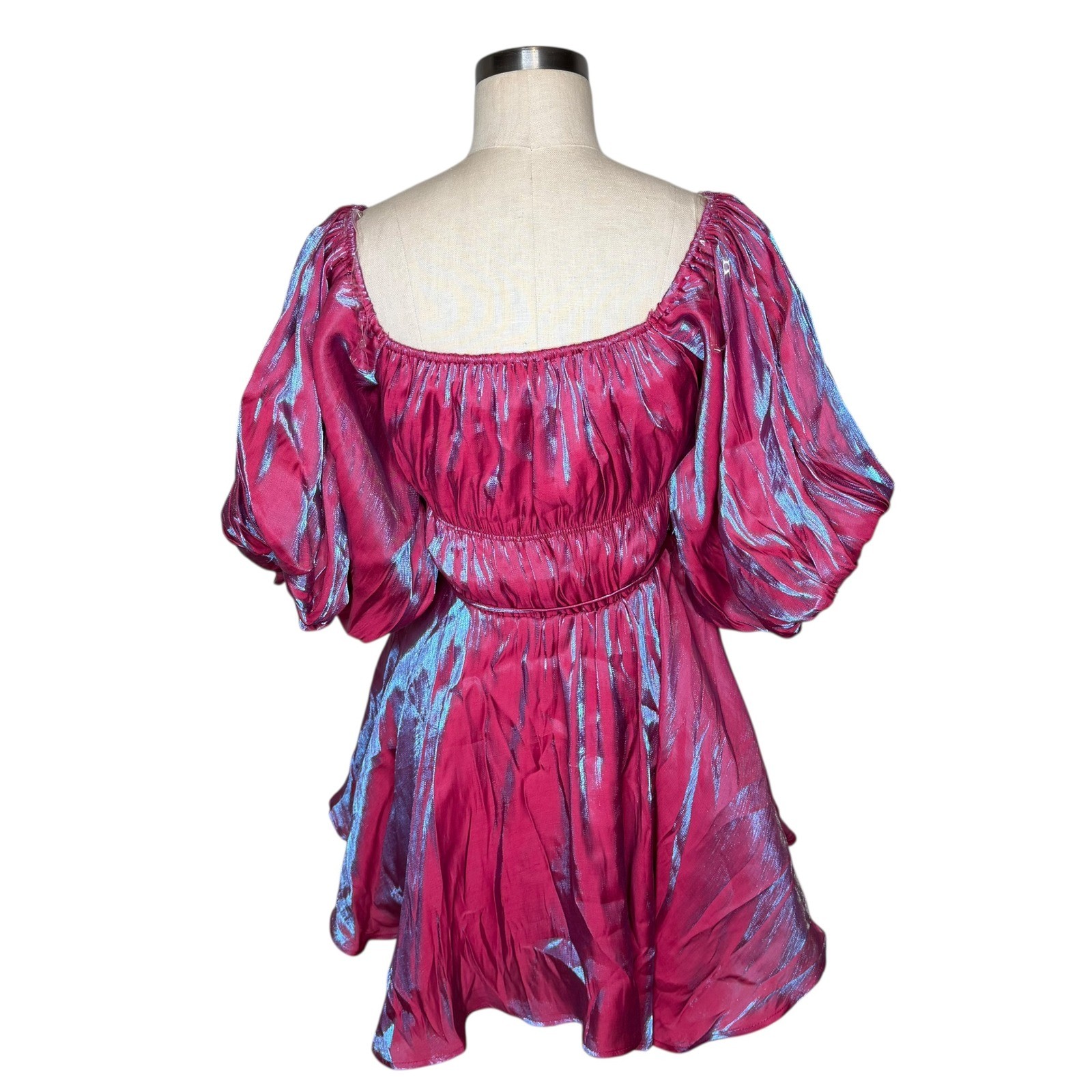 ALTAR’D State Amabella Puff Sleeve Iridescent Pink Blue Shimmer Mini Dress Med