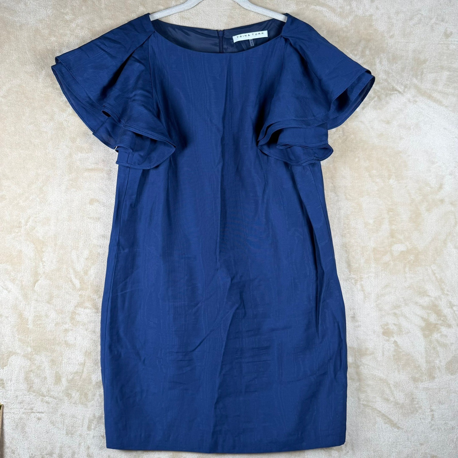 Trina Turk Womens Size 10 Navy Blue Ruffle Sleeve Shift Dress Classic Elegant