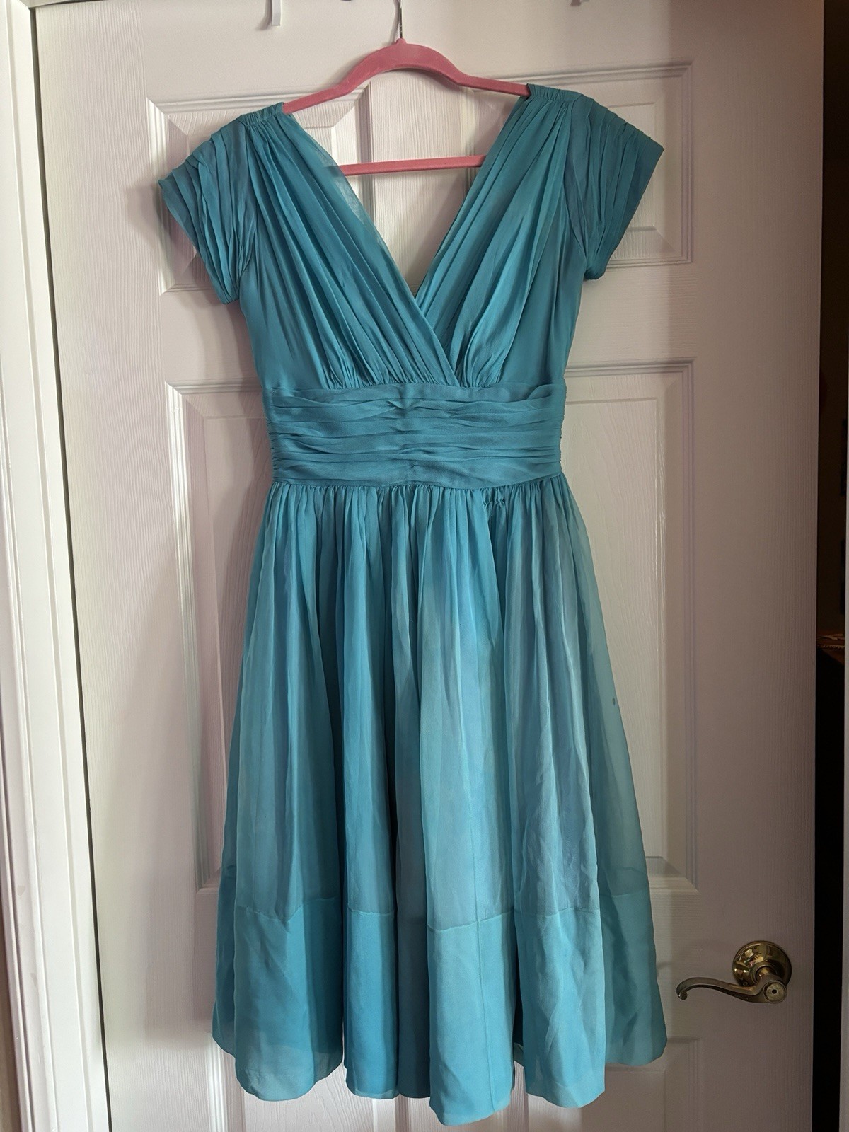 Handmade Original 1950s Vintage Woman’s Teal Dress Satin/Chiffon Mint Condition