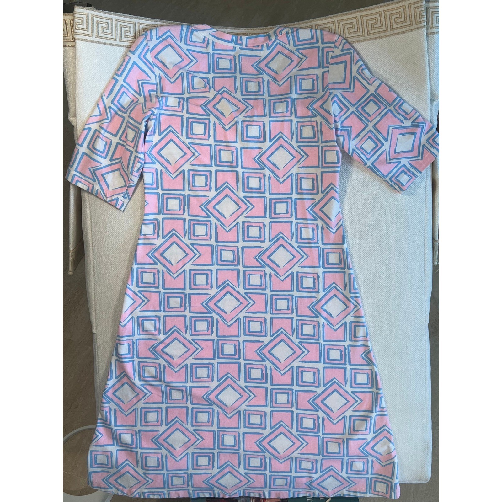 Mahi Gold Womens Geometric Print Short Sleeve Scoop Neck T-Shirt Dress Pink Blue