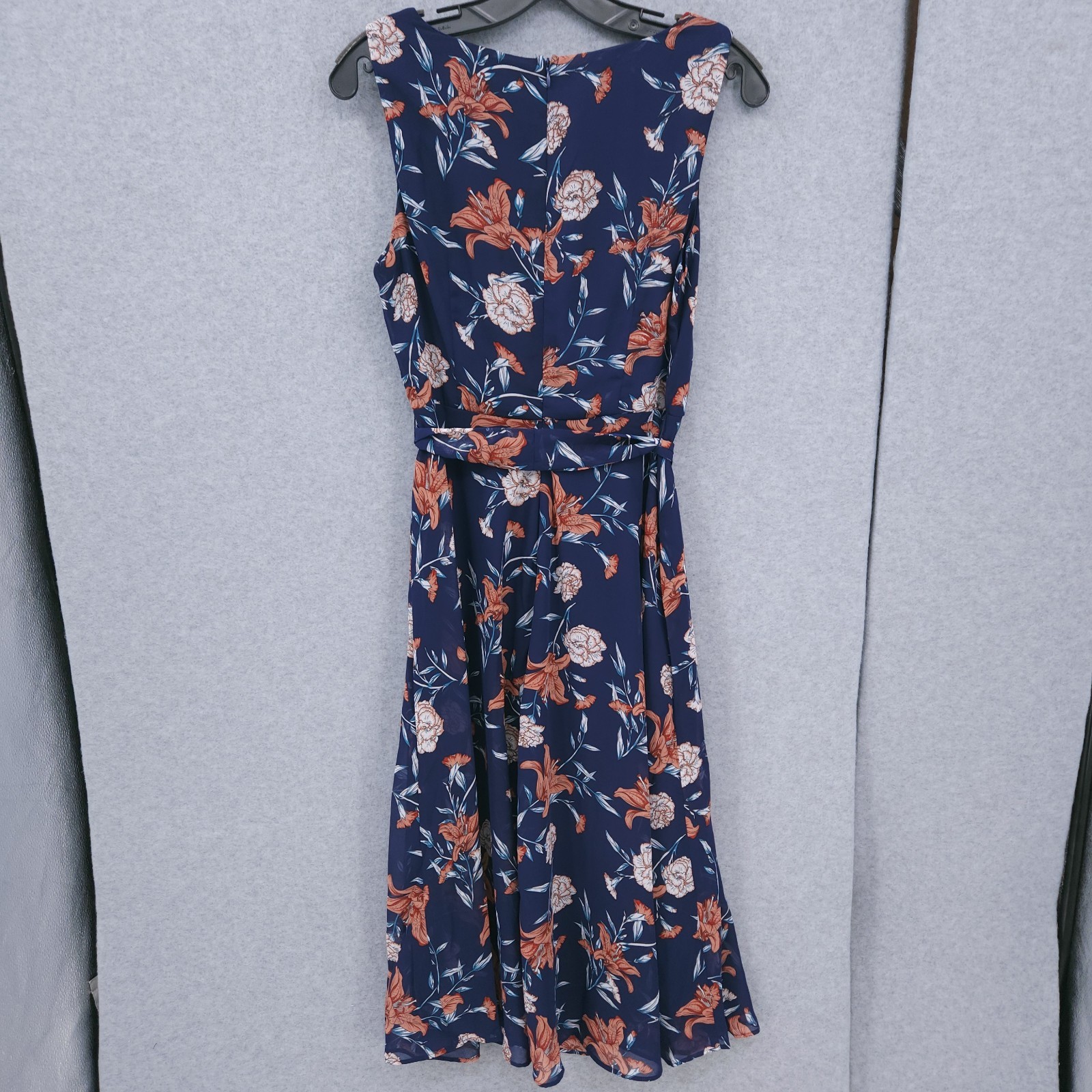 NY Collection Sleeveless Chiffon Belted Floral Scoop Dress Womens Size PM NWT