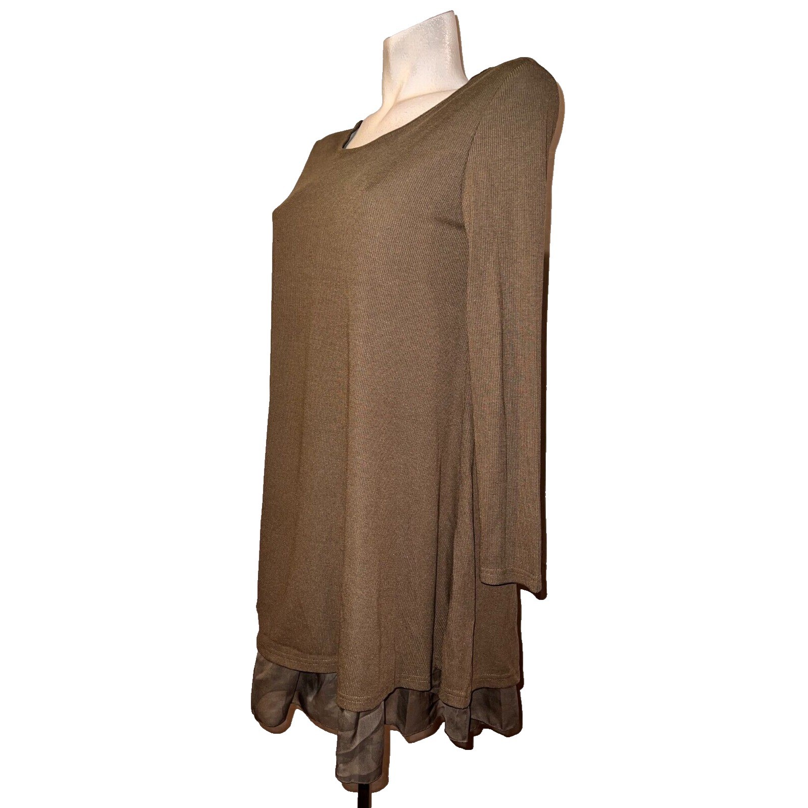 Brown Ribbed Knit Bow Back Layered Chiffon Hem Long Sleeve Tunic Mini Dress S