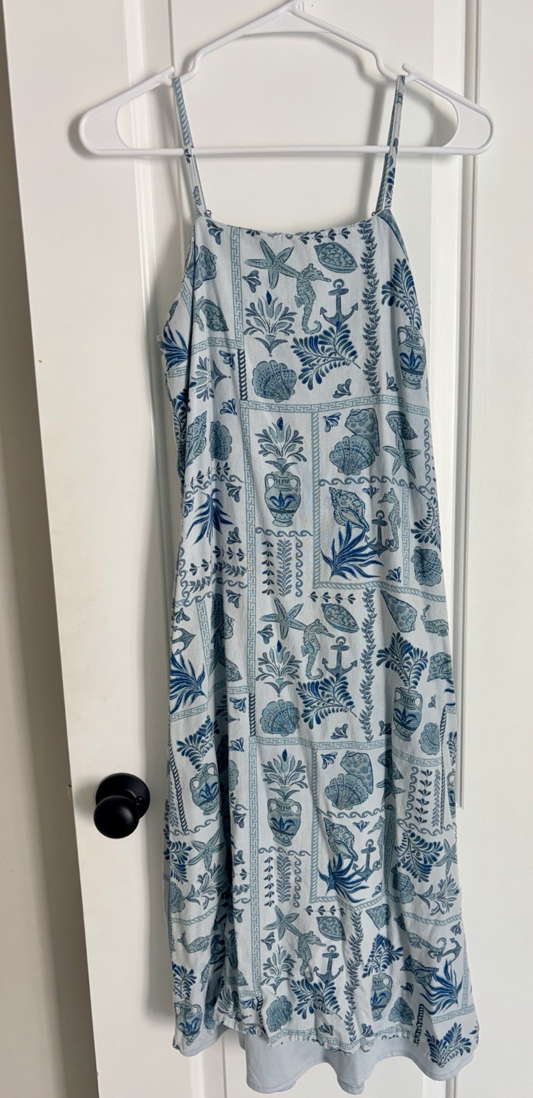 Japna Blue Coastal Nautical Midi Dress M Smocked Back Seashell Anchor Boho