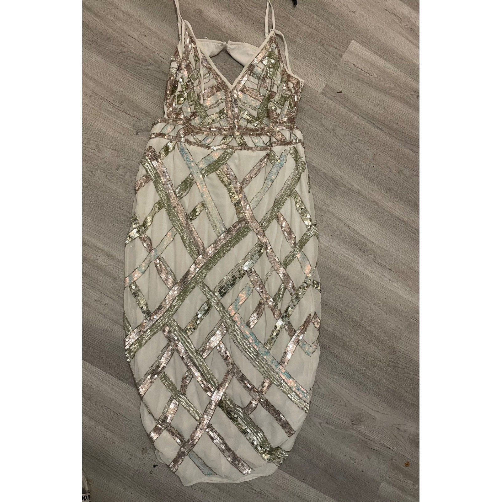 ASOS Embellished Sequin Midi Dress White Spaghetti Strap Open Back Formal Gown