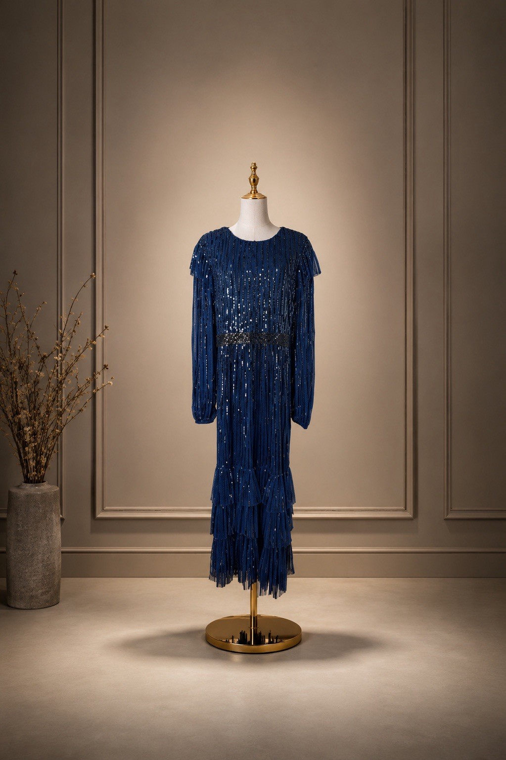 Mac Duggal 23003 Midnight Blue Sequined Tiered Midi Dress Long Sleeve Sz 16 $698