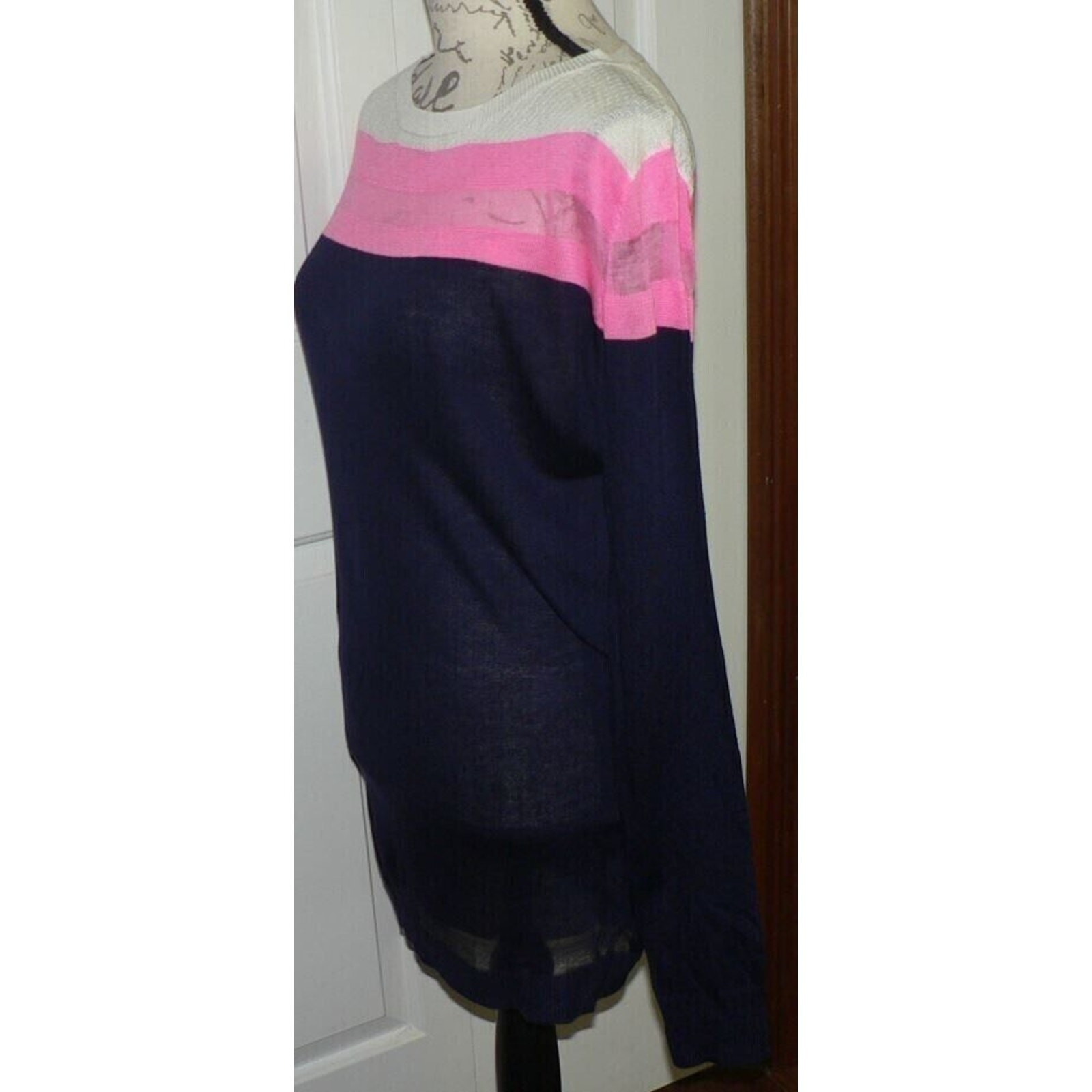 John + Jenn Lightweight Sheer Stripe Sweater Mini Dress Navy/Pink/Wht Medium $99