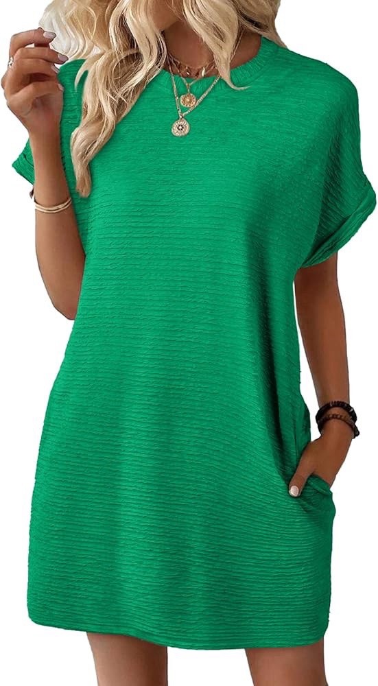 Evaless Women’s Green Relaxed Textured Short Sleeve Dress with Pockets L Large