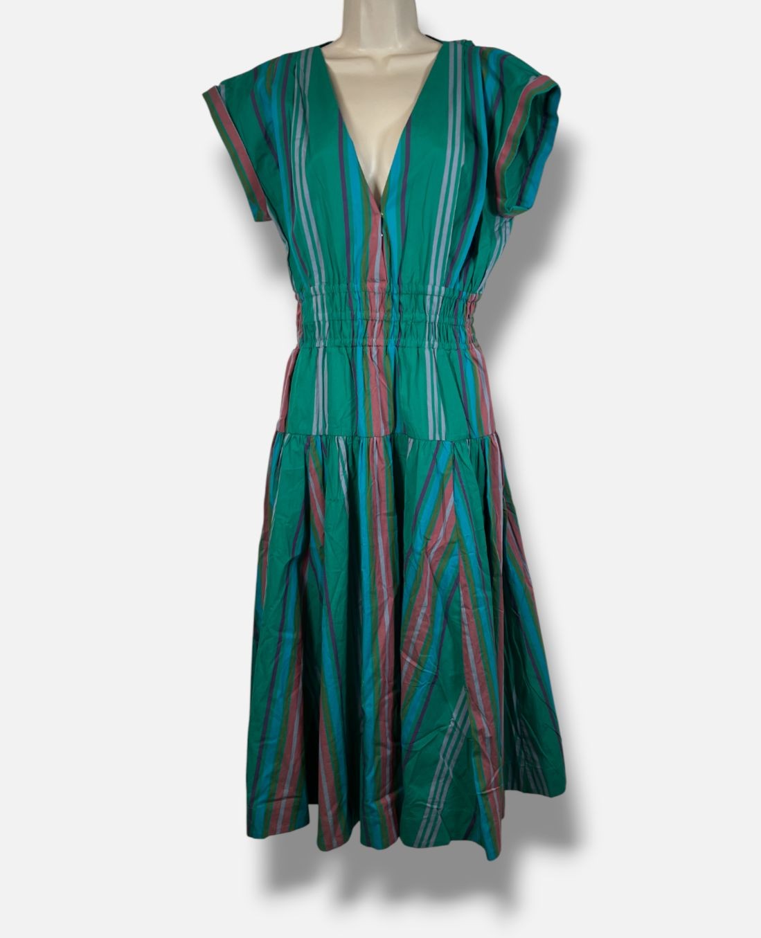 Figue Women’s Green Clarette Cotton Striped A-Line Midi Dress Size 8