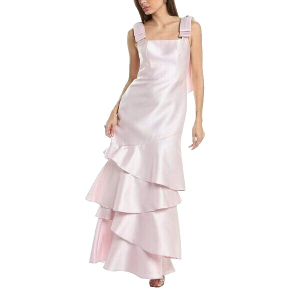 Dessy Collection Ballet Pink Bow Shoulder Tiered Gown Size 12 $279 3126