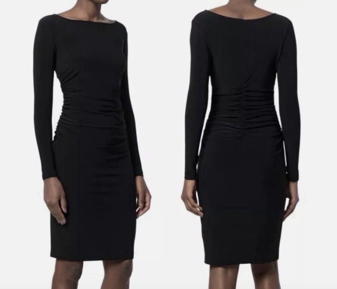 NEW Norma Kamali Kulture S/36 Black Long Sleeve Shirred Waist Dress Stretch