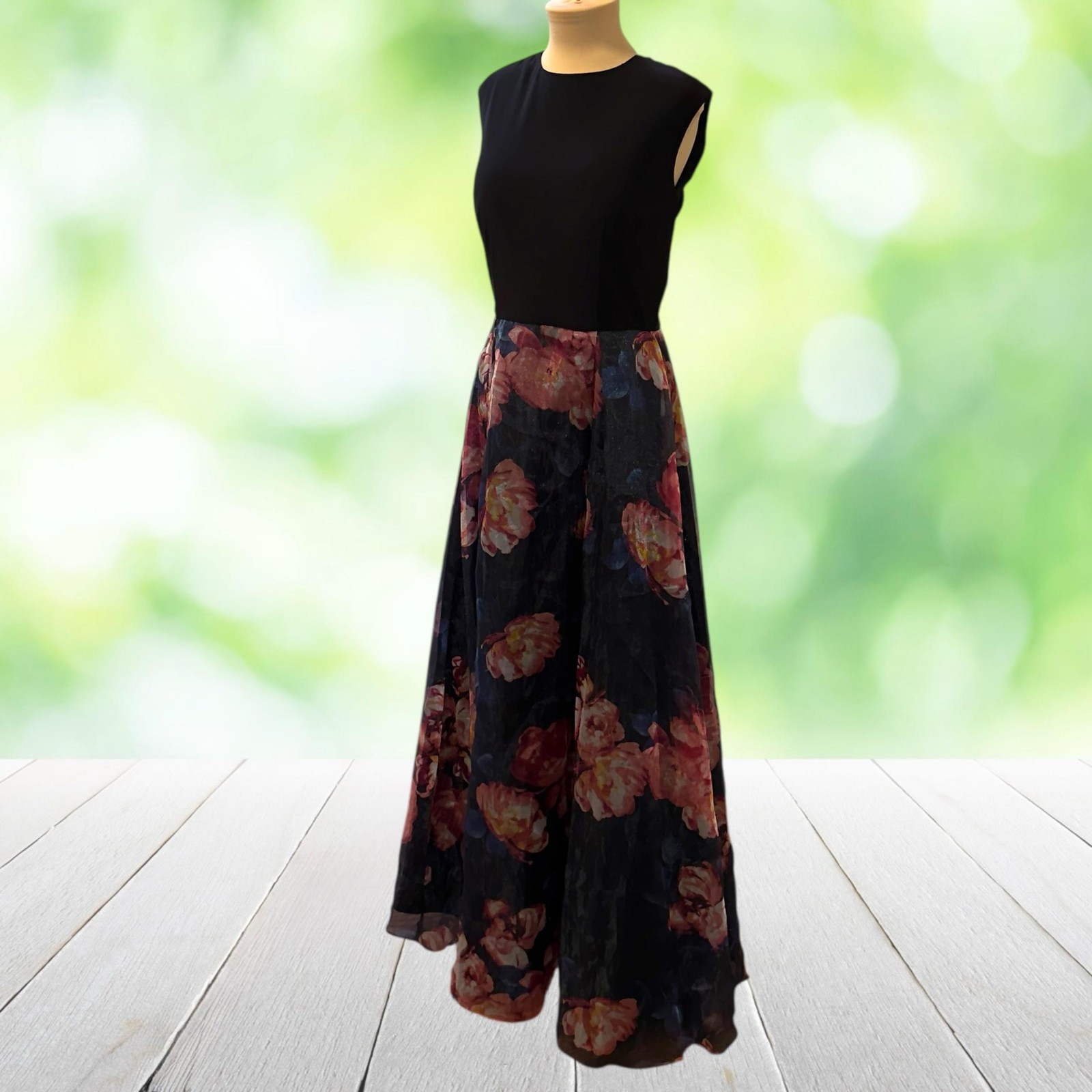 SLNY 2 In 1 Maxi Dress Black Knit Top Floral Chiffon Skirt Evening Formal Sz 10