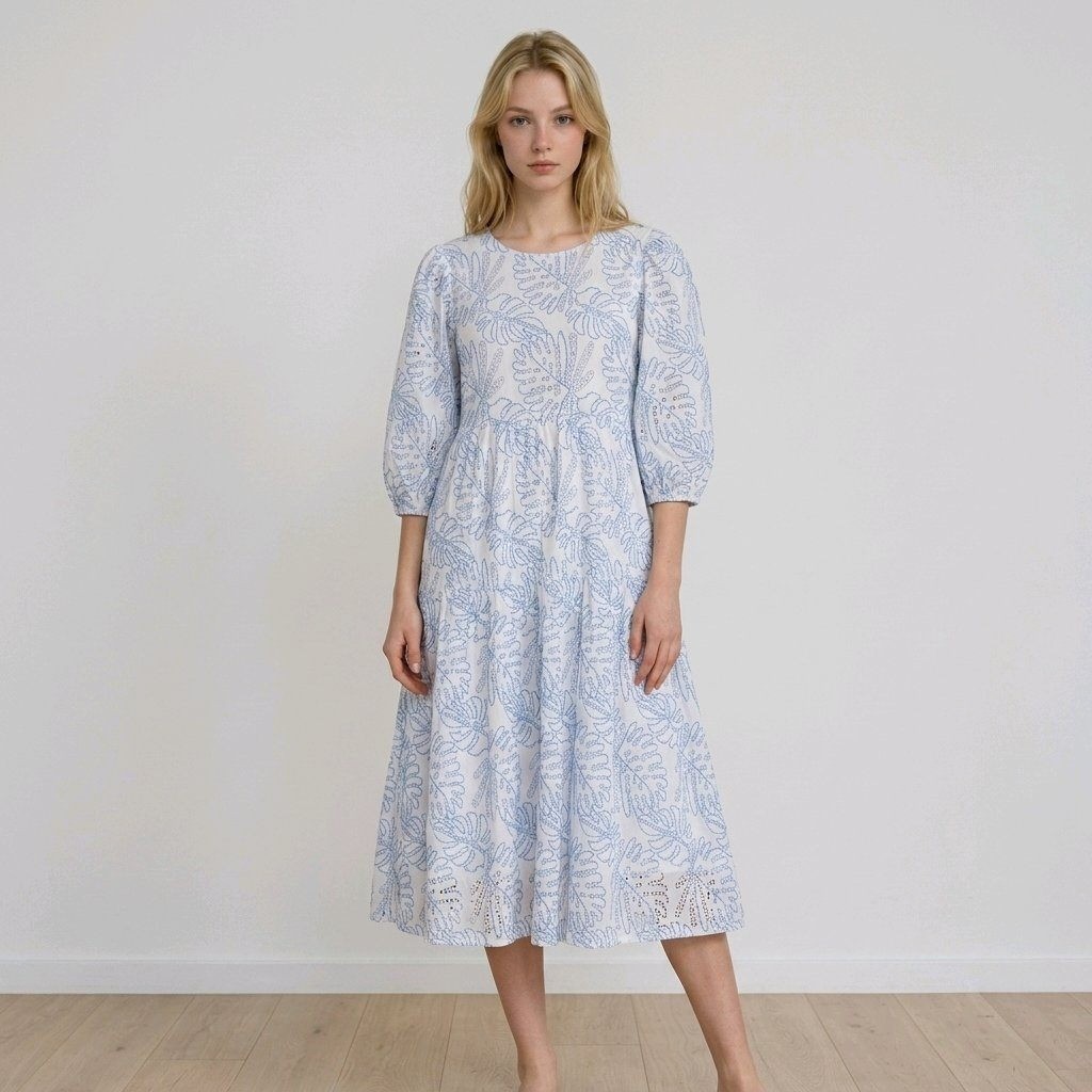 Review Dress Tropical Leaf Blue White Embroidered Eyelet Cotton Boho Small