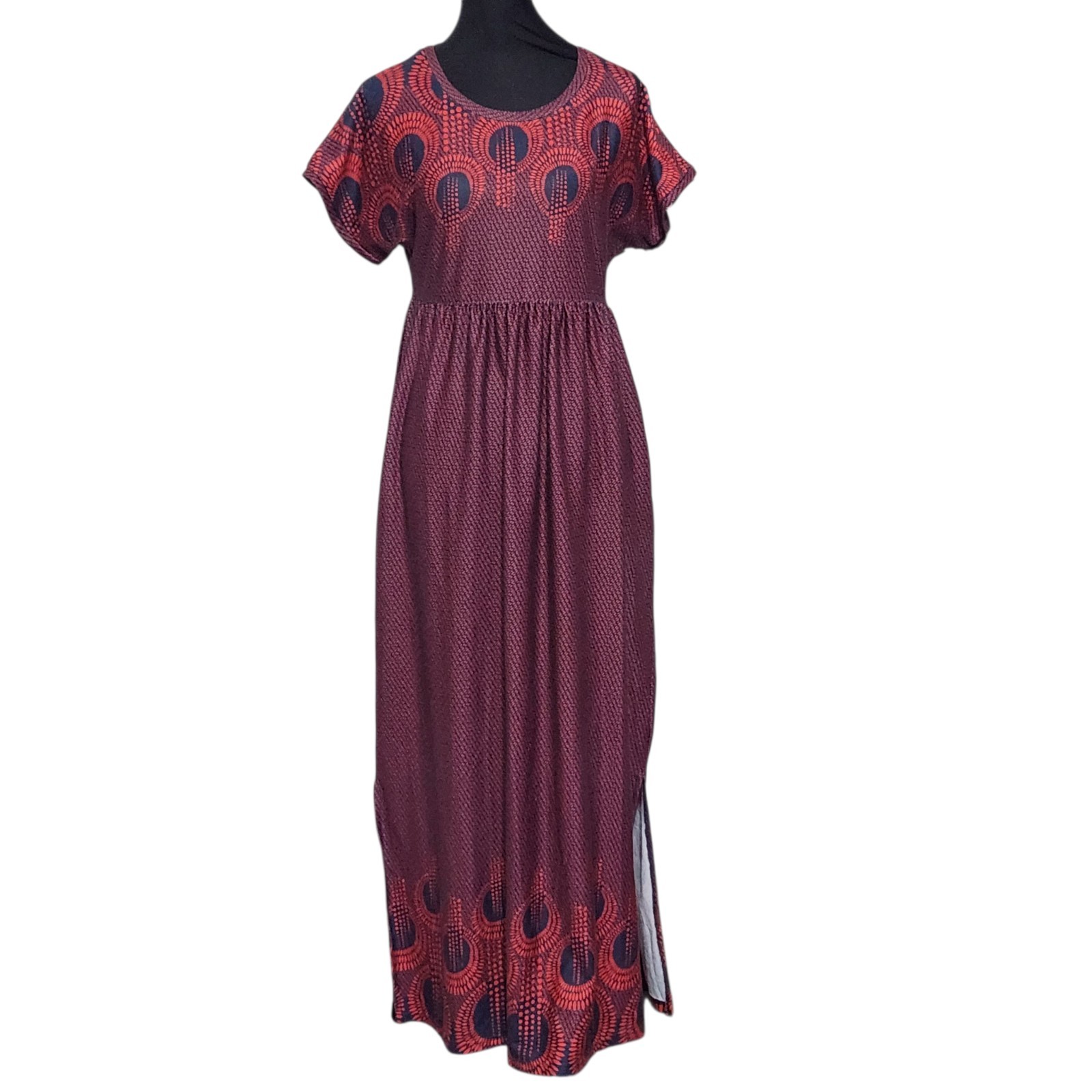Suzanne Betro Maxi Dress Size Small Red Blue Short Sleeve Knit Casual Stretch