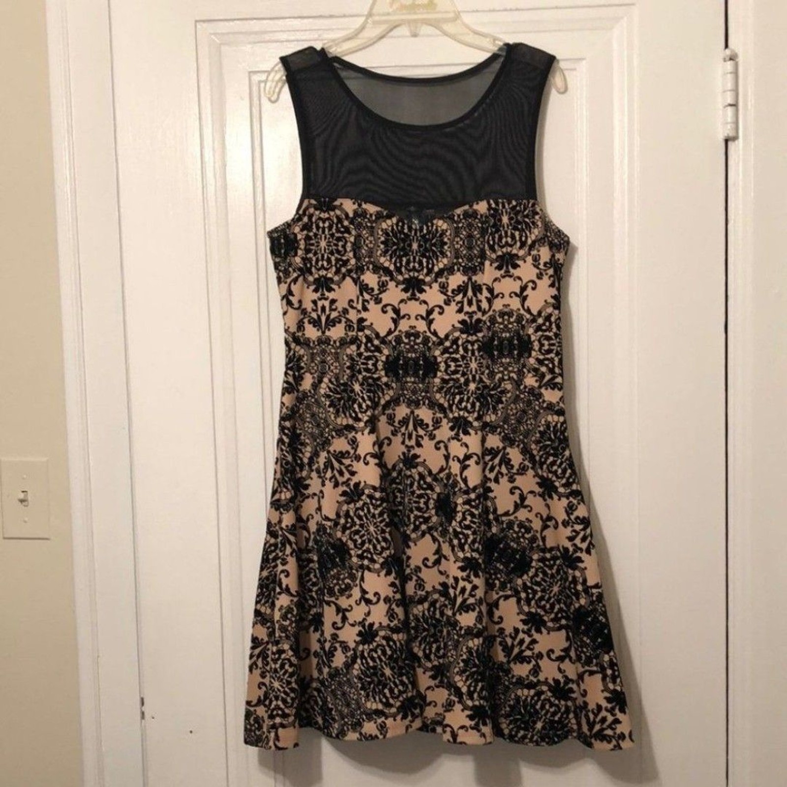Gorgeous Dress Beige Cream Tan with black velvet detail