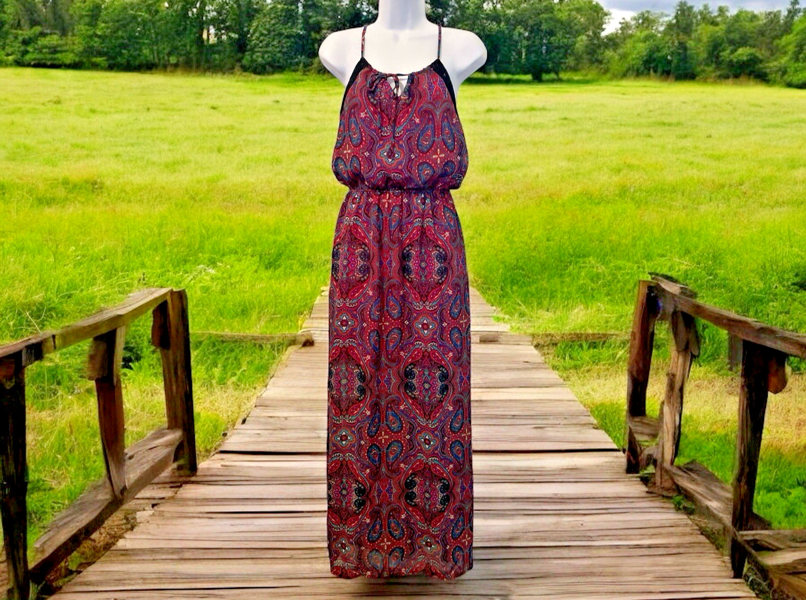 L8ter Womens Paisley Maxi Dress Size S Pink Blue Sheer Slide Slits Elastic Waist