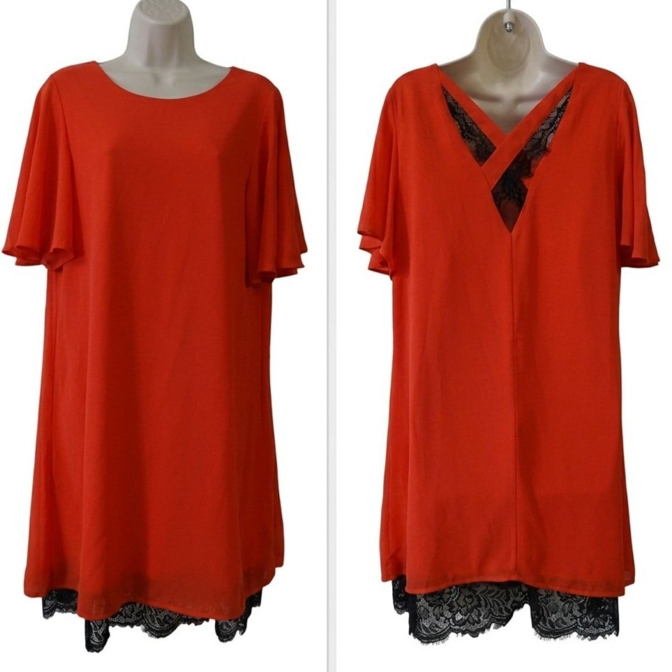 Ya Los Angeles Women Orange Flutter Sleeve Shift Dress Size L Lace Silk Blend