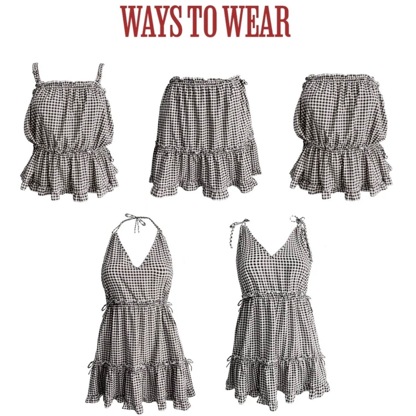 NWT BAIIA Viv Multi-Way Tier Mini Babydoll Dress Convertible Brown Gingham Sz: M