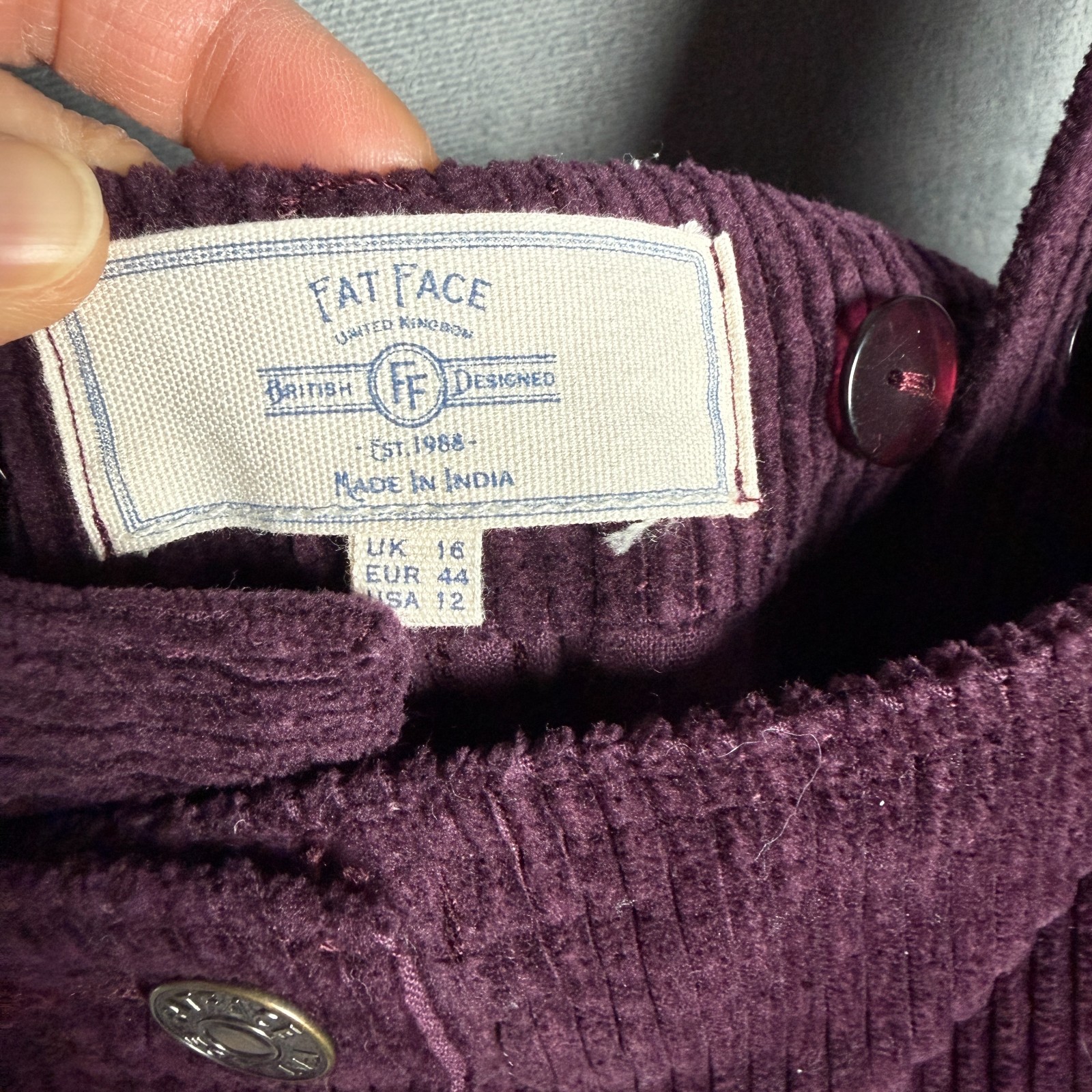 Fat Face US 12 UK 16 Purple Pinafore Dungaree Mini Dress Corduroy Button Pockets